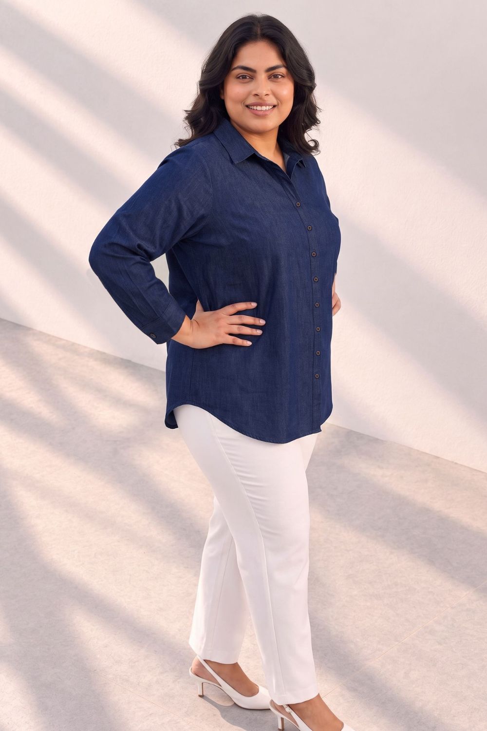 Plus Size Indigo Blue Denim Cotton Shirt