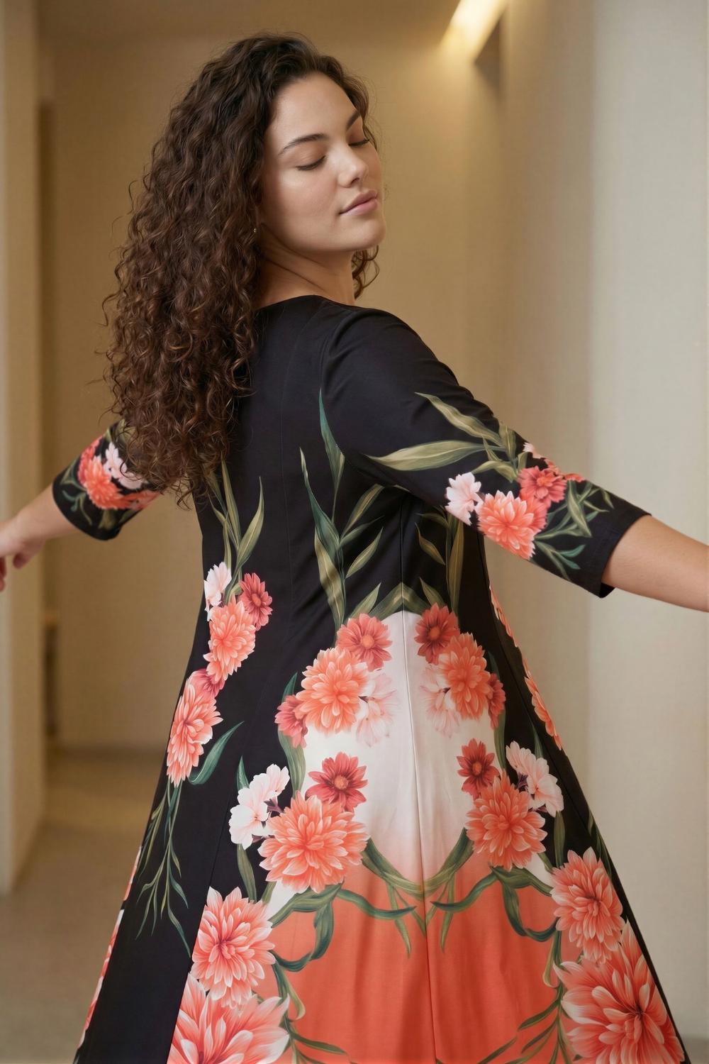 knee length dresses for ladies Long Sleeve Retro Printed A Line Dress in Peach Multi main image 1