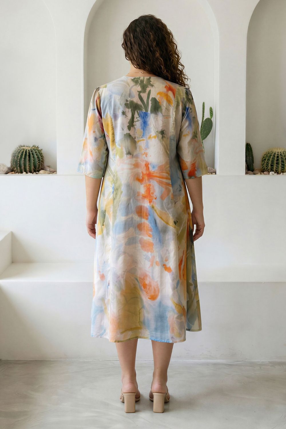 Plus Size Pastel Abstract Print Cotton Midi Dress Plus Size Pastel Abstract Print Cotton Midi Dress