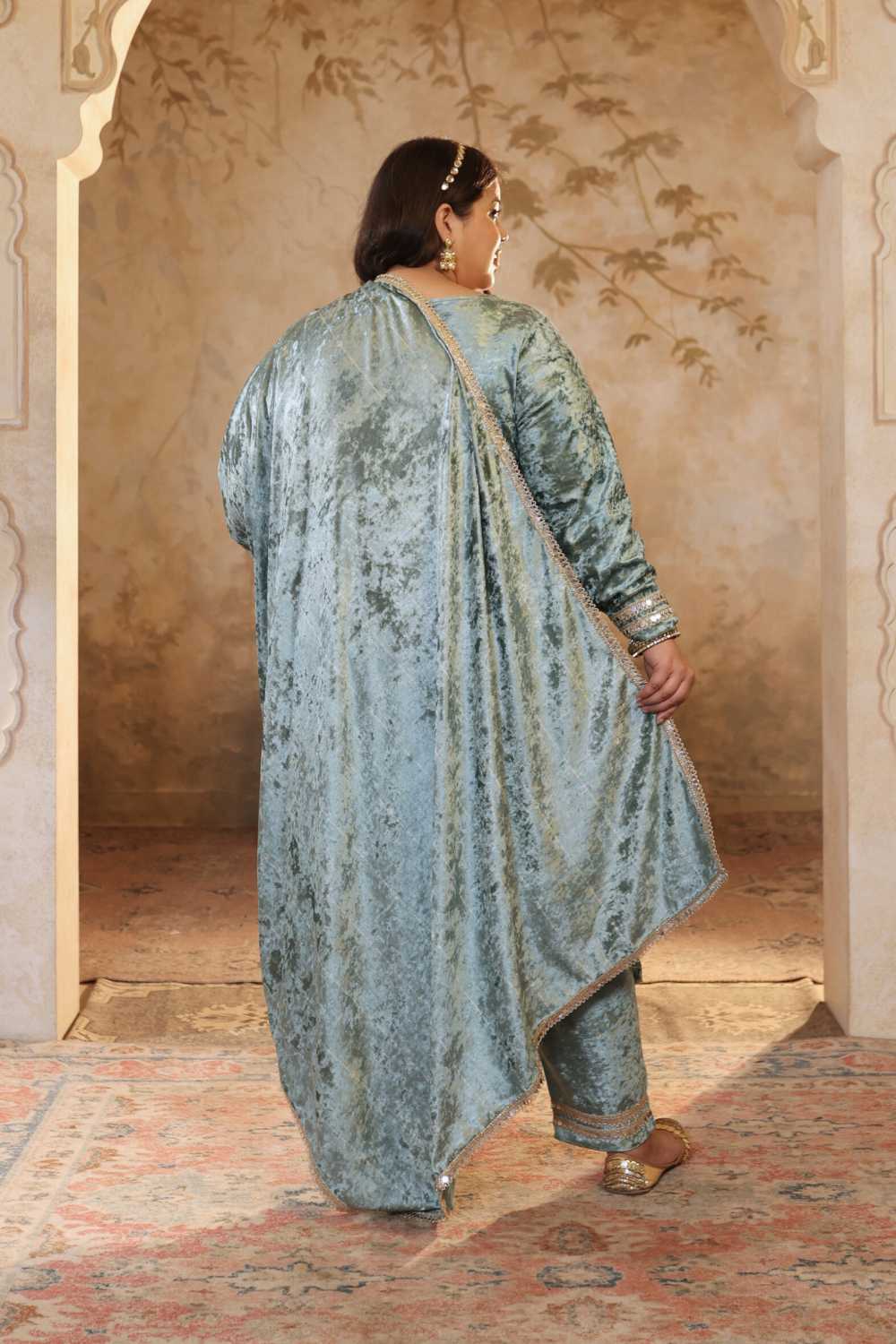 Comfortable Plus Size Sea Green Printed Velvet V Neck Suit Set