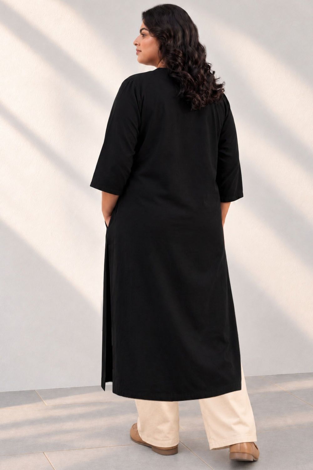 Plus Size SoftEase V Neck Black Cotton Kurta