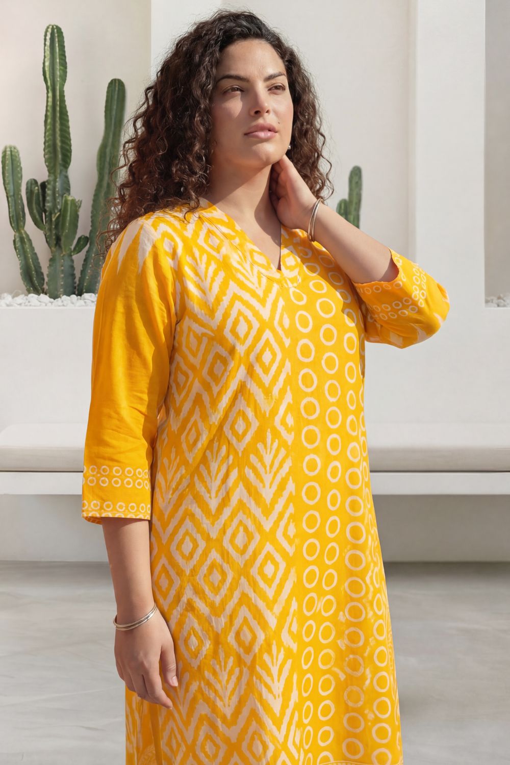 Plus Size Yellow Ikat Print Cotton V-Neck Kurta