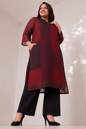 Plus Size Red and Deep Black Abstract Textured Print Georgette Kurta