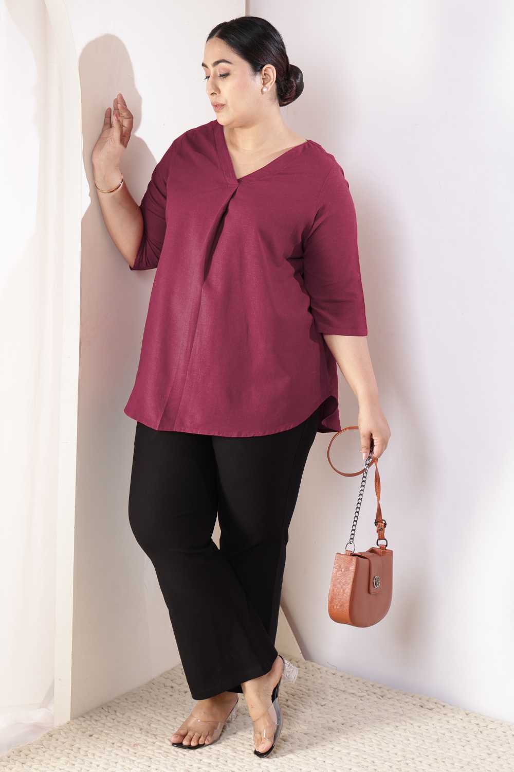 Plus Size Wine V-Neck Cotton Linen Top