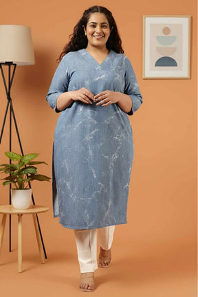 Plus Size Denim Cotton V Neck Kurta Marble Wash