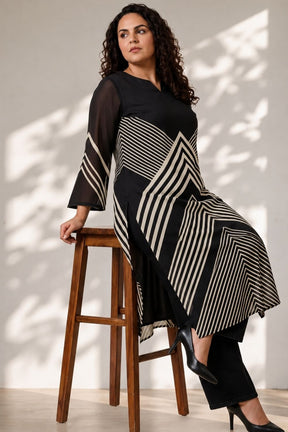 Plus Size Black Chevron Stripes Print Georgette Kurta