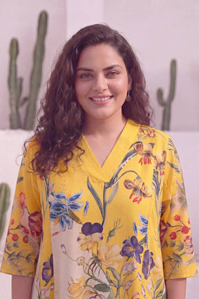 Floral Charm Yellow Plus Size Midi Dress
