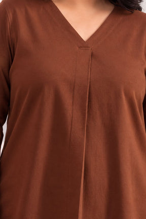Plus Size SoftEase V Neck Brown Cotton Top