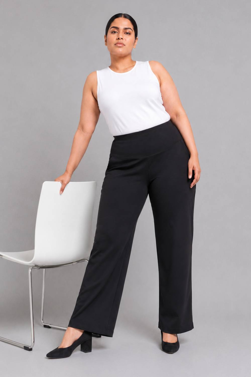 Plus Size Black Tummy Shaping Wide Straight Pants