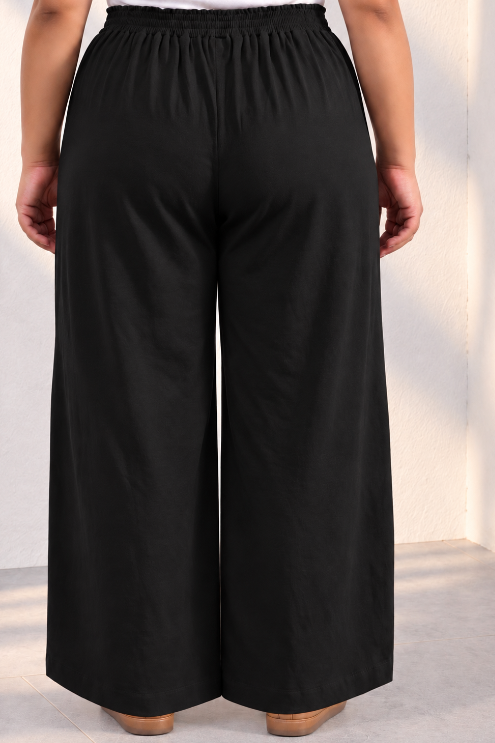 Plus Size SoftEase Black Cotton Wide Flare Pants High for Women