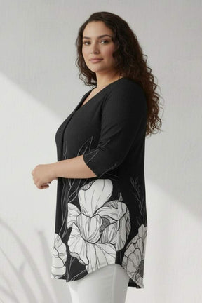 Plus Size Black White Floral Print Centre Pleat Top
