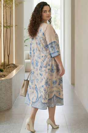 Plus Size Beige Ethnic Floral Print Cotton Midi Dress