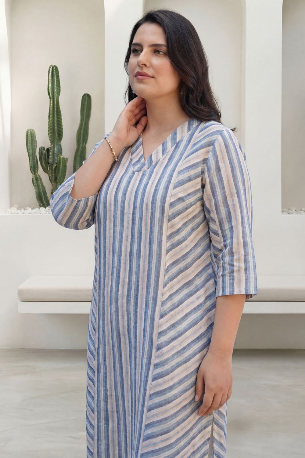 Plus Size Blue & Beige Striped Cotton V-Neck Kurta for Women