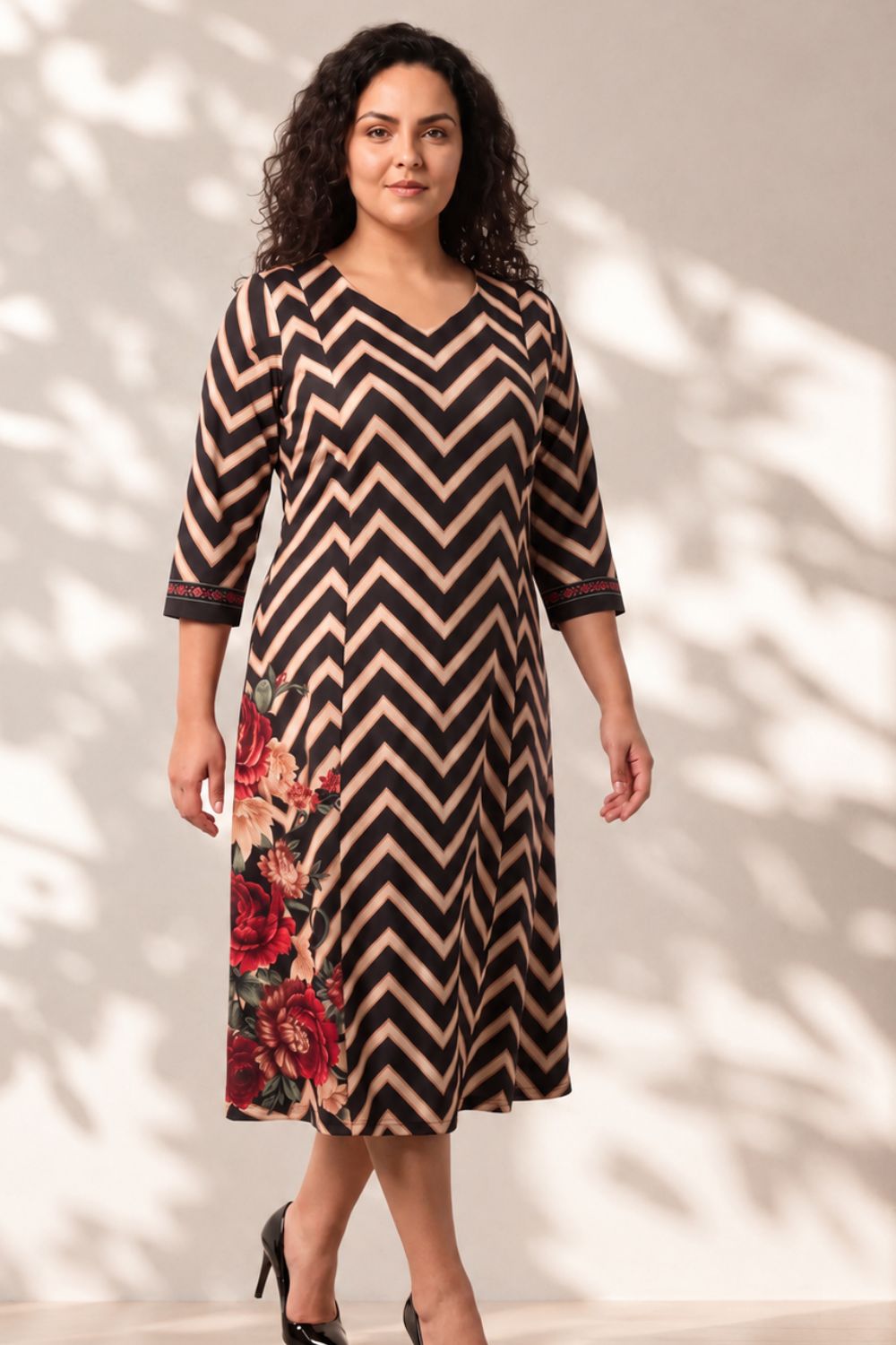 Plus Size Black Rose Chevron Print Midi Dress