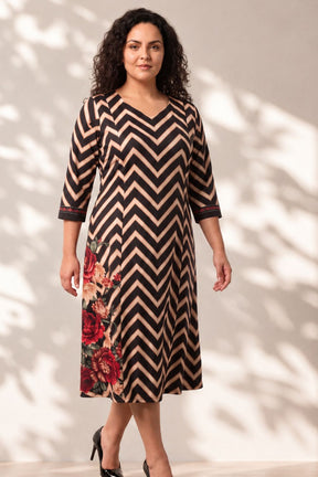 Plus Size Black Rose Chevron Print Midi Dress
