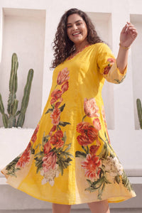 Plus Size Radiant Yellow Floral Print Cotton Midi Dress