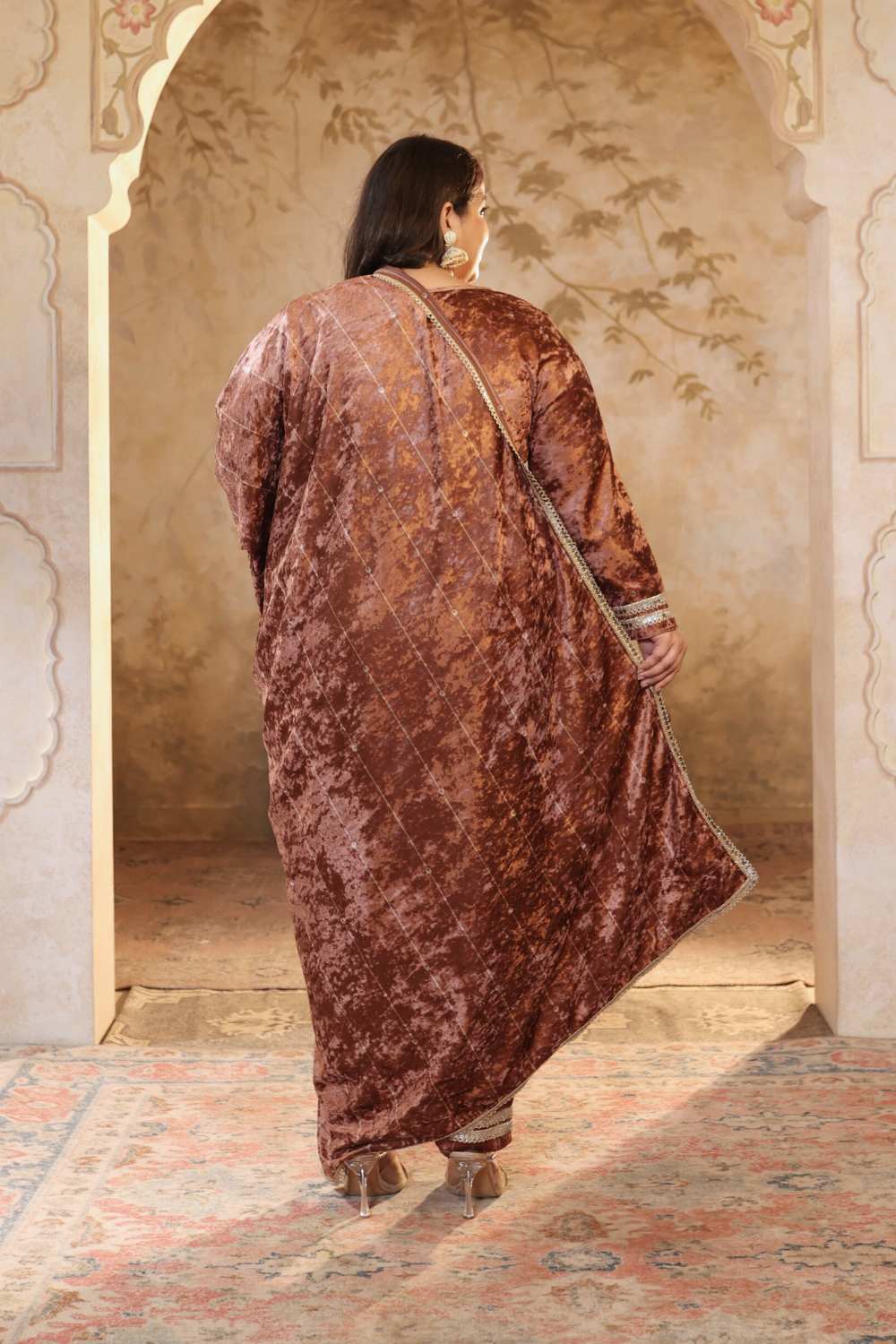 Comfortable Plus Size Mocha Brown Print Velvet Suit Set