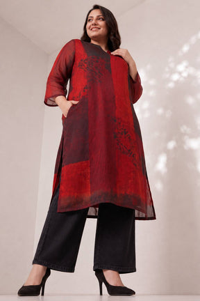 Plus Size Red and Deep Black Abstract Textured Print Satin Georgette Kurta