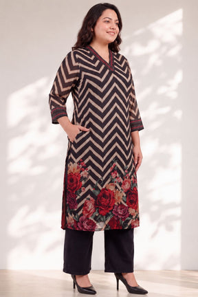 Plus Size Black Rose Chevron Print Georgette Kurta