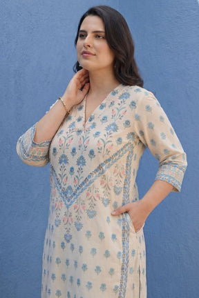 Plus Size Cream Mughal Floral Cotton V-Neck Kurta