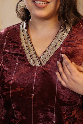 Plus Size Purple Print Velvet V Neck Suit Set