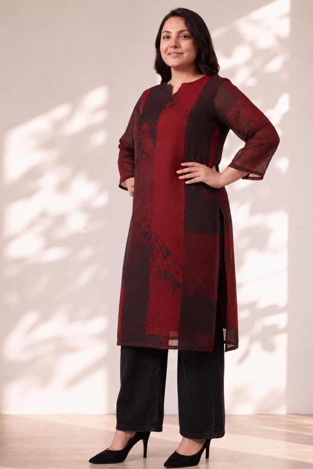 Plus Size Red and Deep Black Abstract Textured Print Georgette Kurta