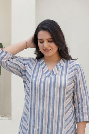 Plus Size Blue & Beige Striped Cotton V-Neck Kurta