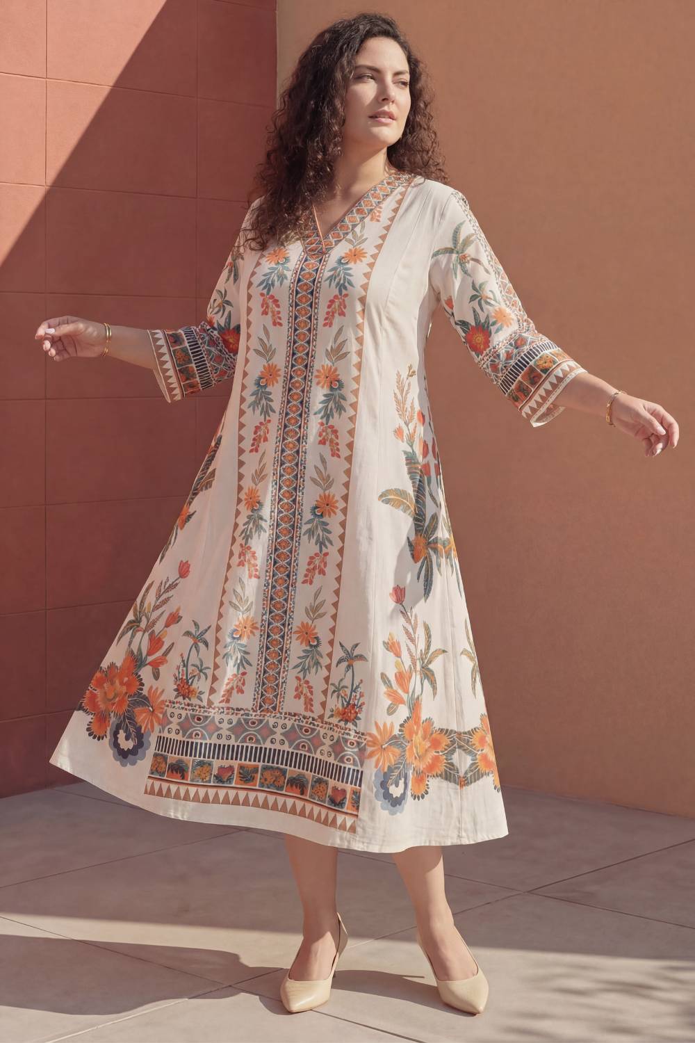 Plus Size Plus Size Boho Floral Panel Print Cotton Midi Dress