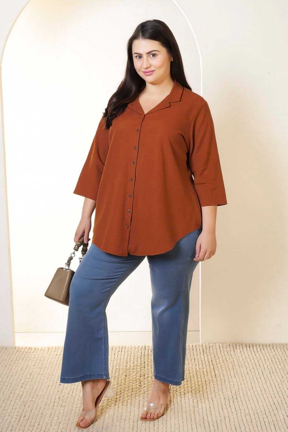 Plus Size Rust Brown Cotton Linen Cuban Collar Shirt