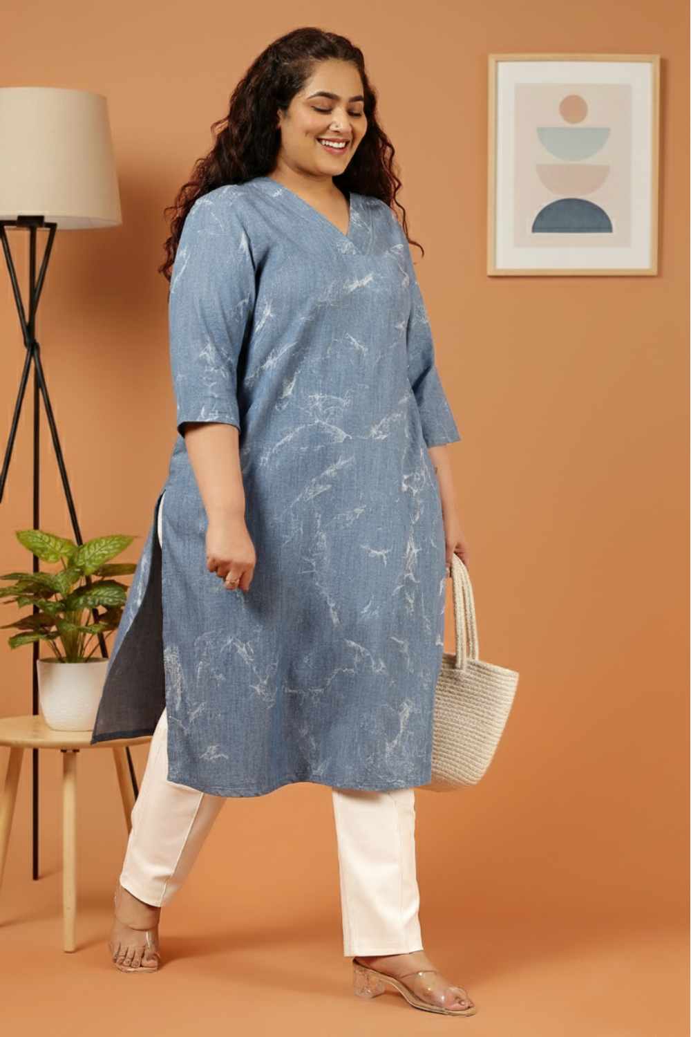 Plus Size Denim Cotton V Neck Kurta Marble Wash