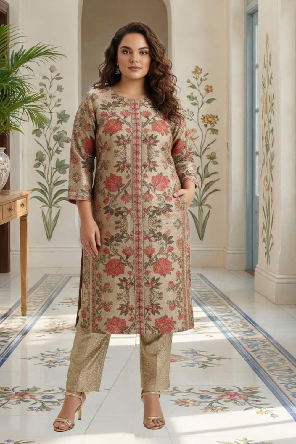 Ethnic Floral Round Neck Velvet Kurta