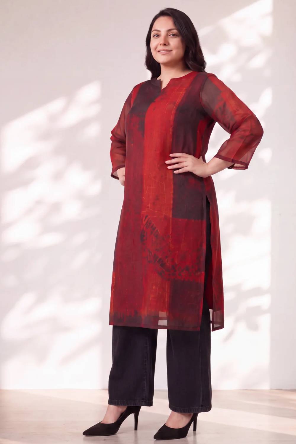 Plus Size Red and Deep Black Abstract Textured Print Satin Georgette Kurta