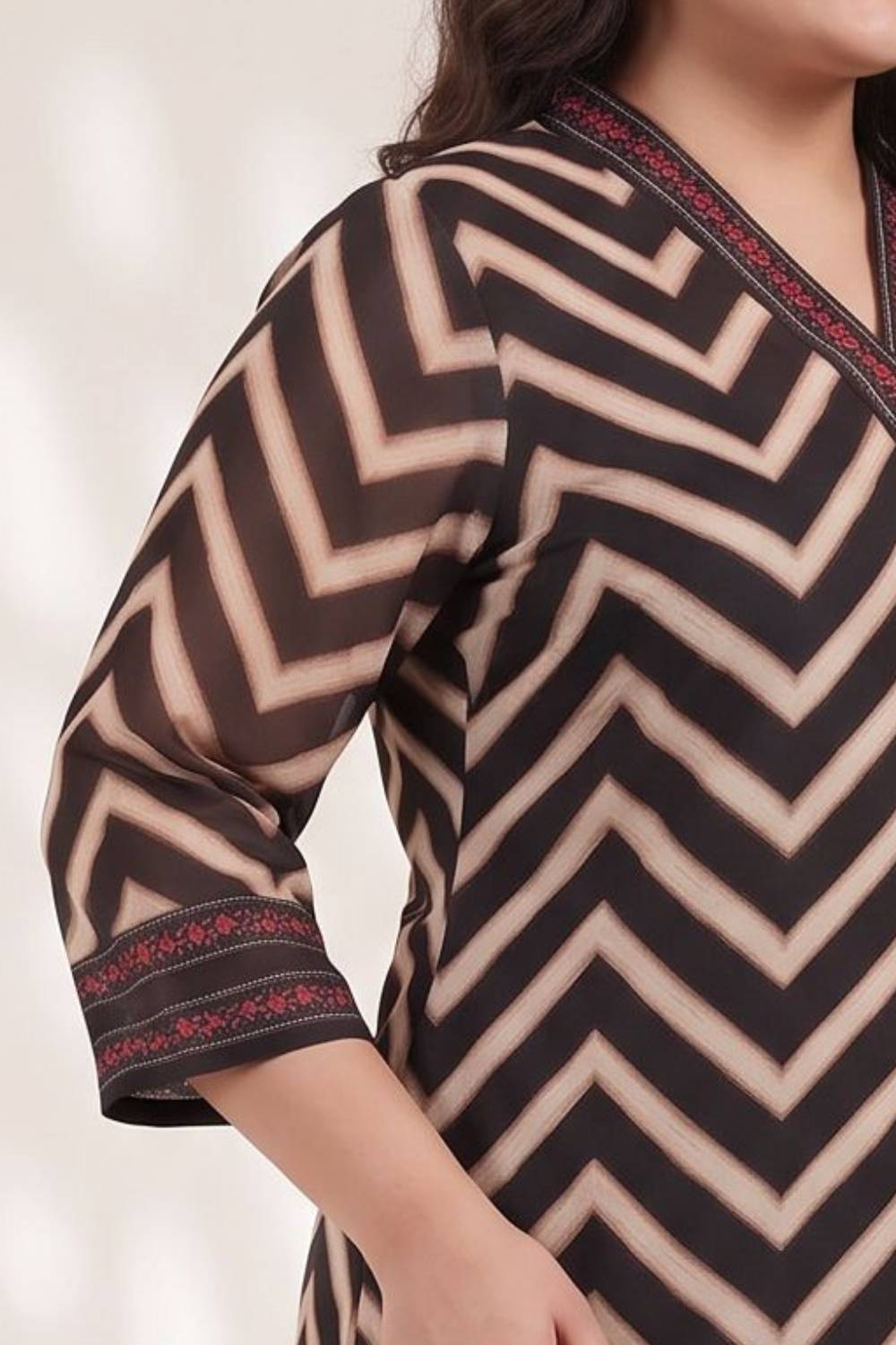 Plus Size Black Rose Chevron Print Kurta Satin Georgette Kurta