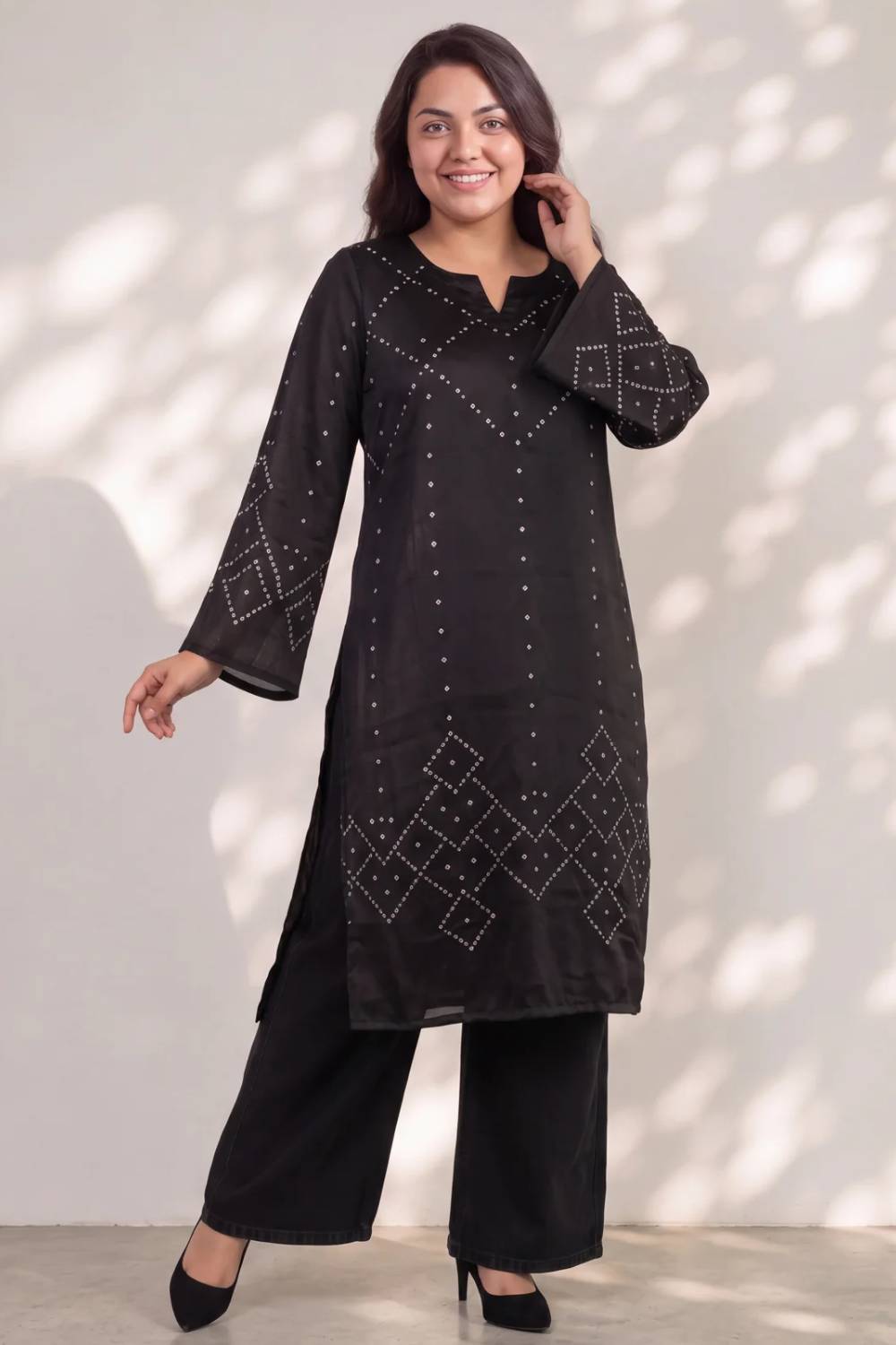 Plus Size Black Bandhej Print Satin Georgette Kurta