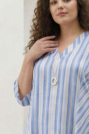 Plus Size Blue Stripe Print Cotton Midi Dress