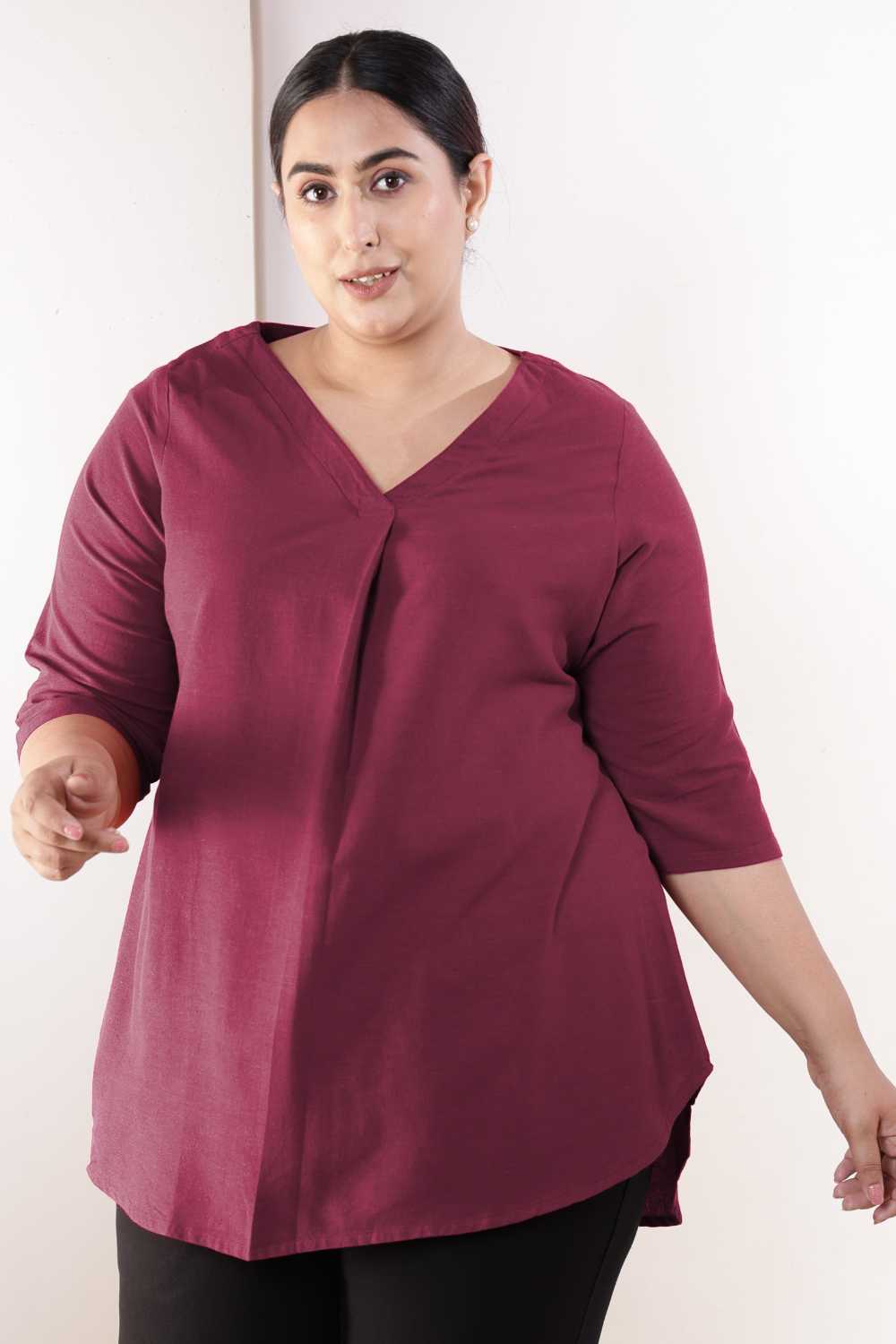Plus Size Wine V-Neck Cotton Linen Top