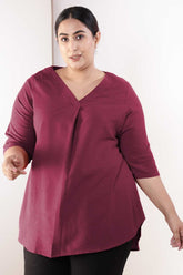 Plus Size Wine V-Neck Cotton Linen Top