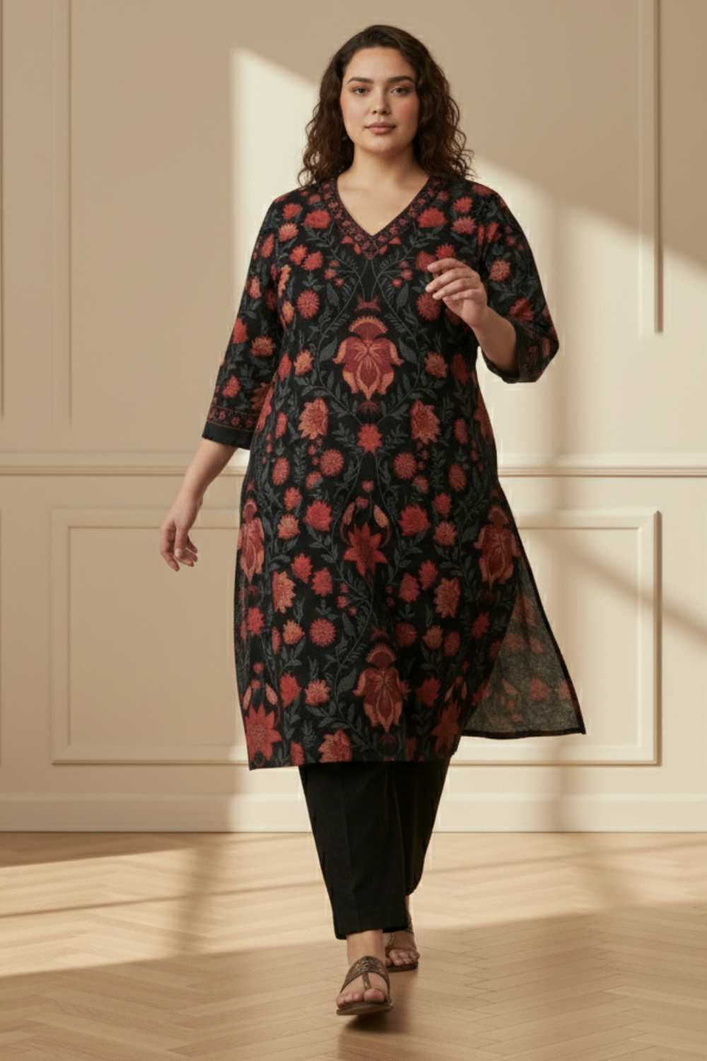 Plus Size Black Red Floral SnugWeave™ Winter Kurta