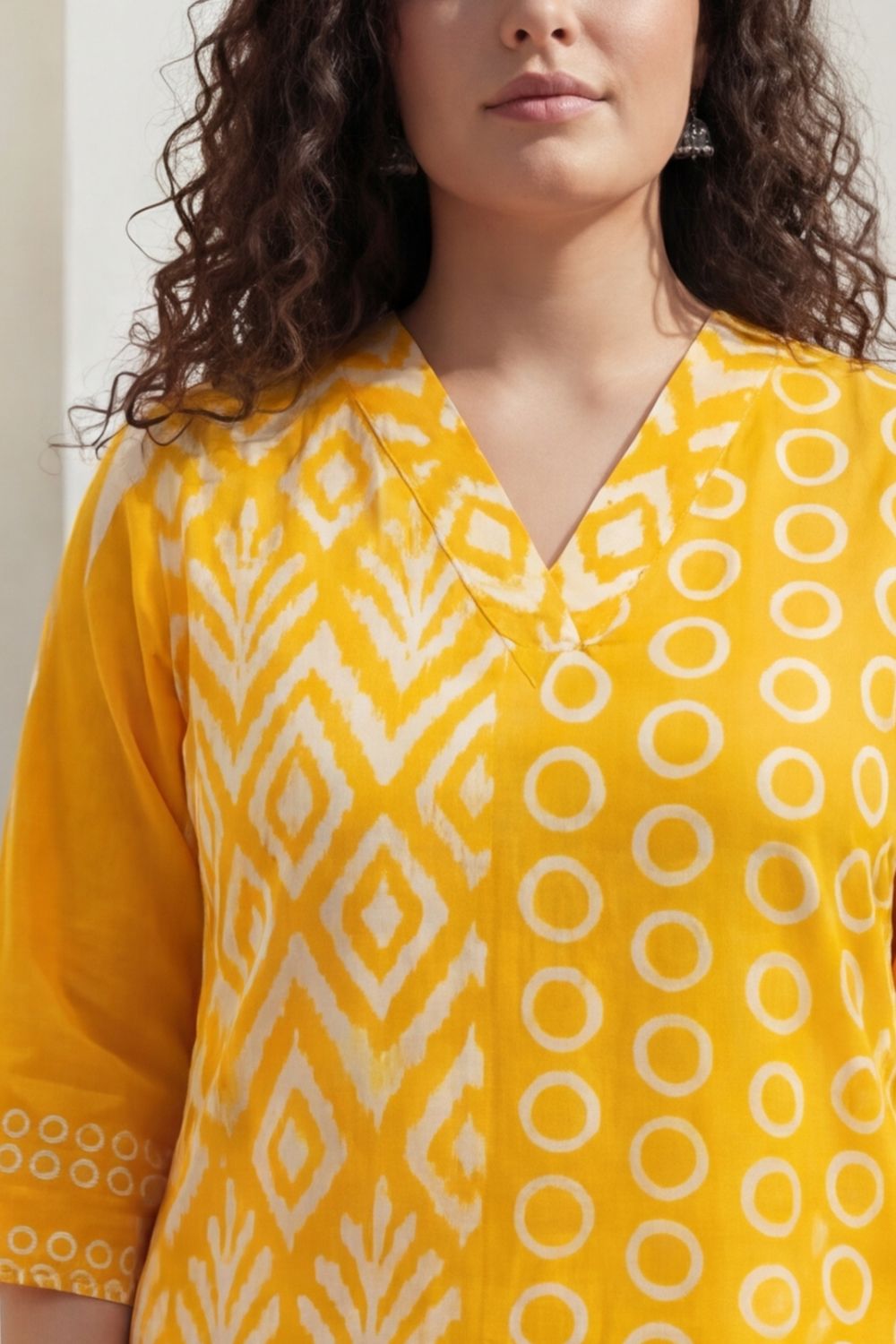 Plus Size Yellow Ikat Print Cotton V-Neck Kurta