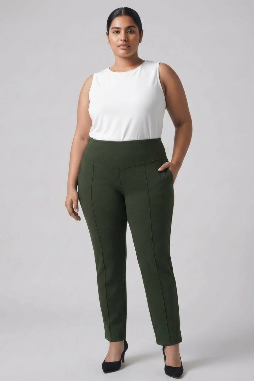 Plus Size Olive Tummy Shaper Straight Fit Pants