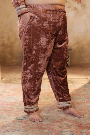 Plus Size Mocha Brown Print Velvet Suit Set