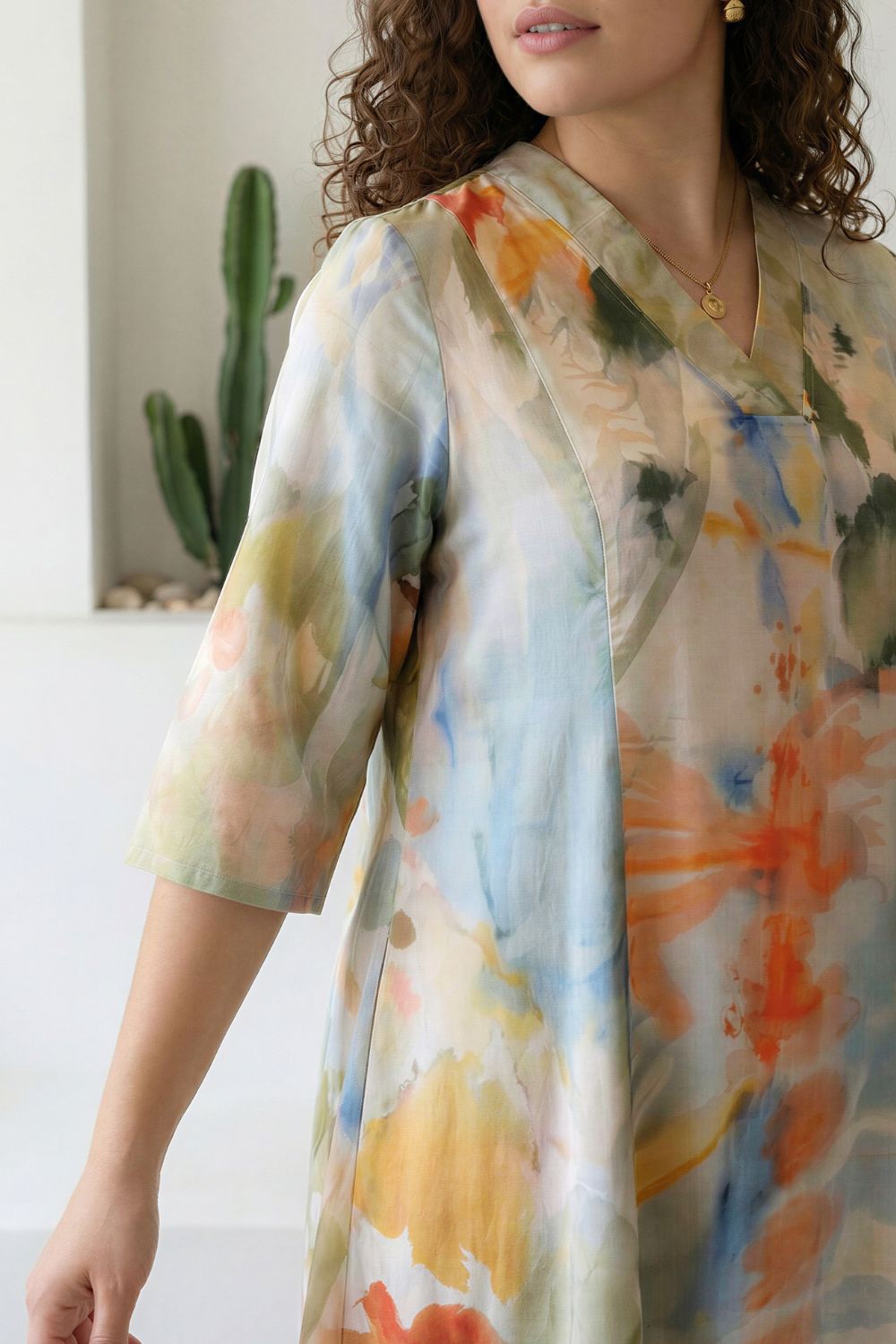 Plus Size Pastel Abstract Print Cotton Midi Dress