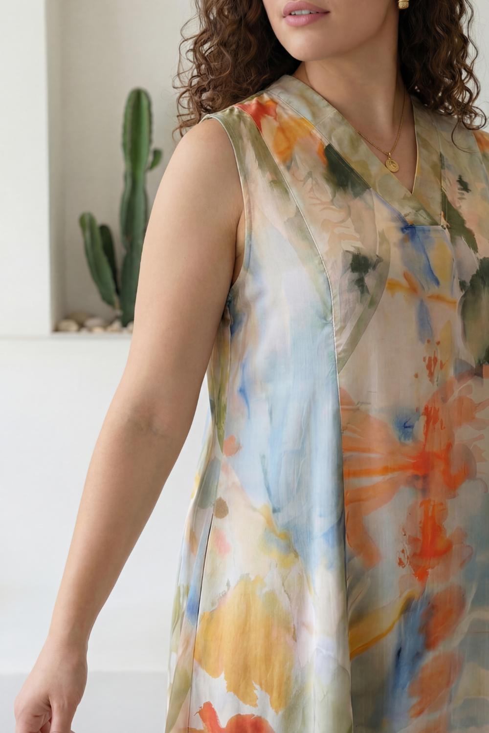 Comfortable Plus Size Pastel Abstract Print Sleeveless Cotton Midi Dress