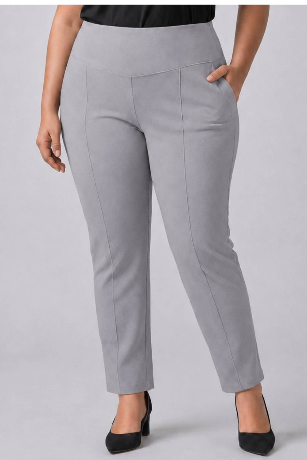 Comfortable Plus Size English Grey Tummy Shaper Straight Fit Pants