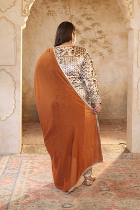 Plus Size Ivory Handblock Printed Velvet Suit Set