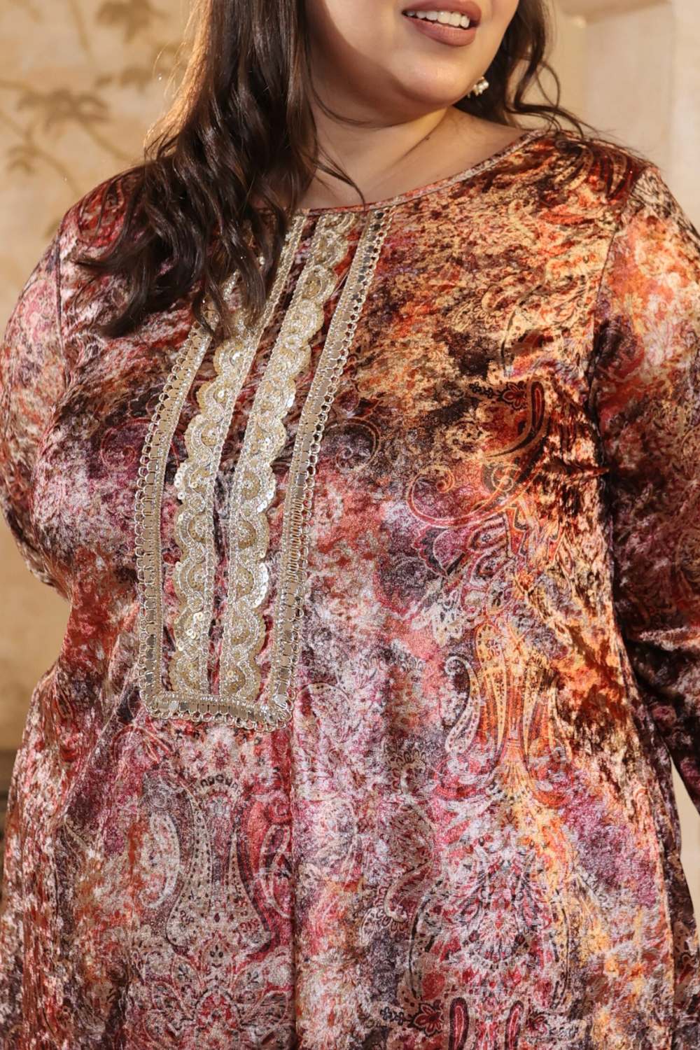 Plus Size Maroon Paisley Print Velvet Suit Set