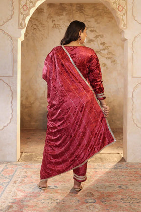 Plus Size Maroon Print Velvet V Neck Suit Set