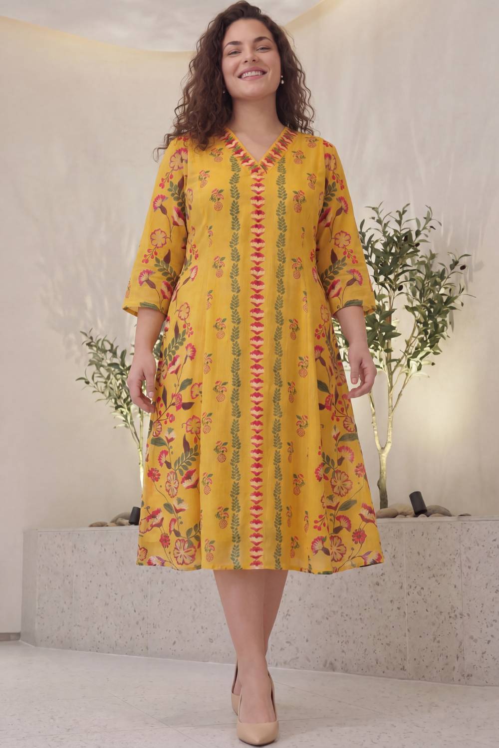 Floral Folk Plus Size Midi Dress