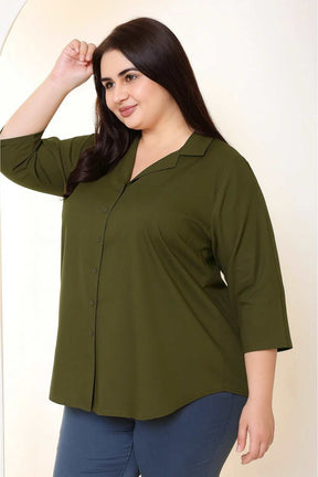 Plus Size Olive Green Cotton Linen Cuban Collar Shirt