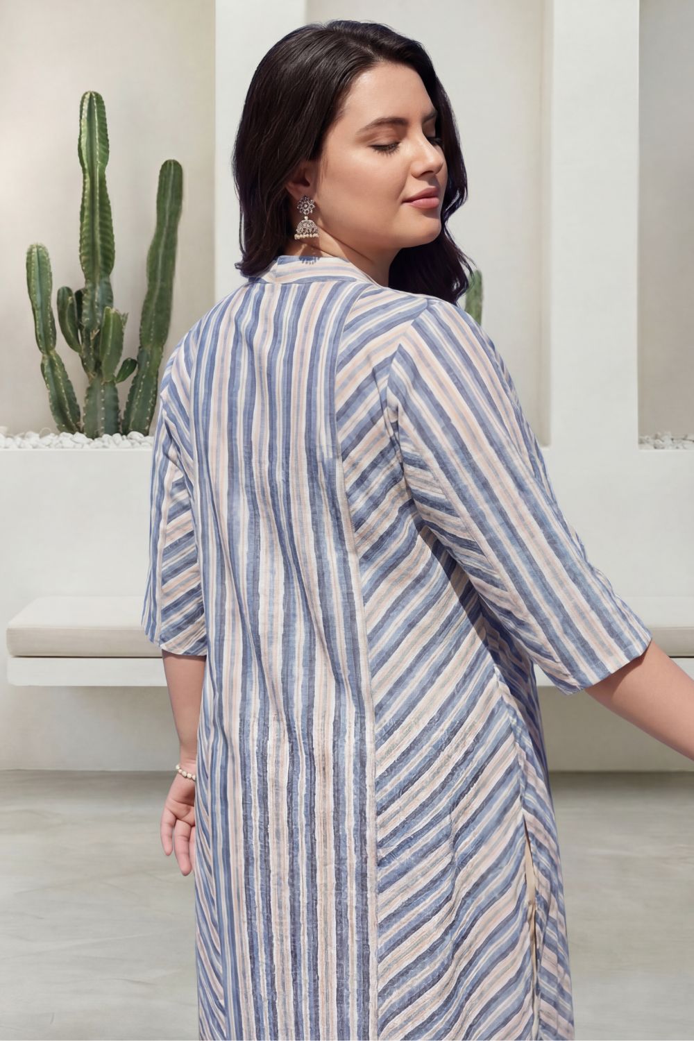 Plus Size Blue & Beige Striped Cotton V-Neck Kurta
